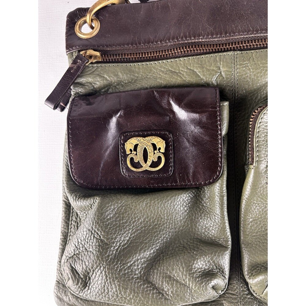 Americana by Sharif Vintage Army Green & Brown Leather Crossbody Gold Lions Gate - Picture 2 of 11